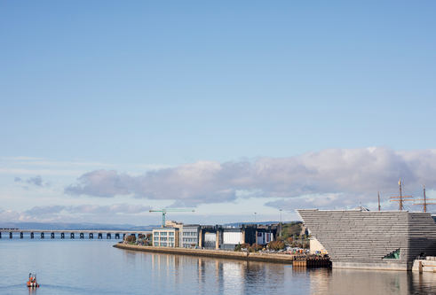 A view of the V&A Dundee and waterfront from the Tay Road Bridge