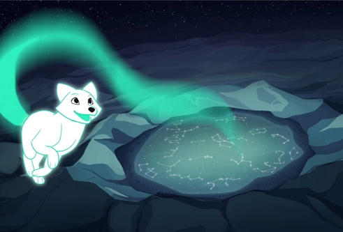 A still from the animation Fox Fires, showing a fox running before an ethereal glow