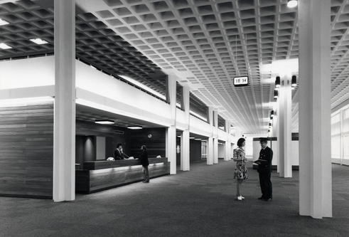 Black and white image of the foyer in Ninewells hospital