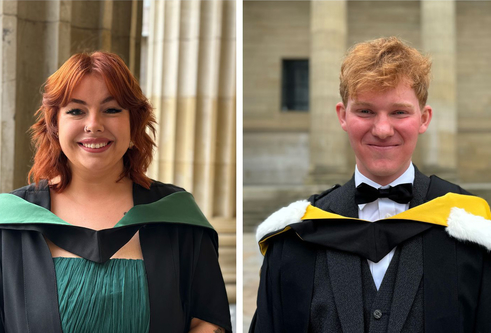 Side by side photos of Danni and Kai, the University of Dundee's Wimberley Award winners, who are wearing their graduation gowns