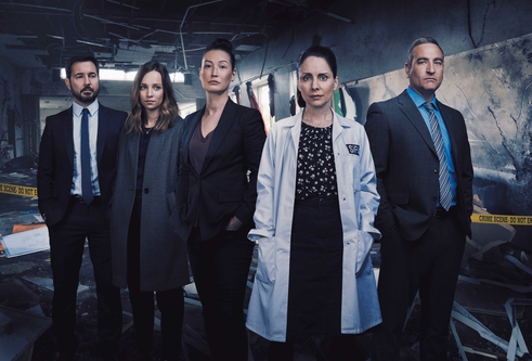 The cast of BBC drama Traces: Martin Compston, Molly Windsor, Jennifer Spence, Laura Fraser and Michael Nardone