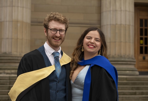 John-Luke Harris and Margarida on the steps of Caird Hall.