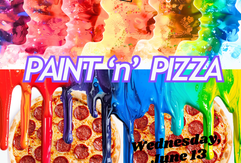 The words "pizza n paint2 with images of pizzas and colourful drips running down the image.