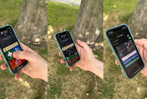 Three shots of a hand holding a phone with the SafeZone app. The first shows a screen with large icons for emergency, non-urgent, and first aid, with the thumb poised to press first aid. The second shows <a href=