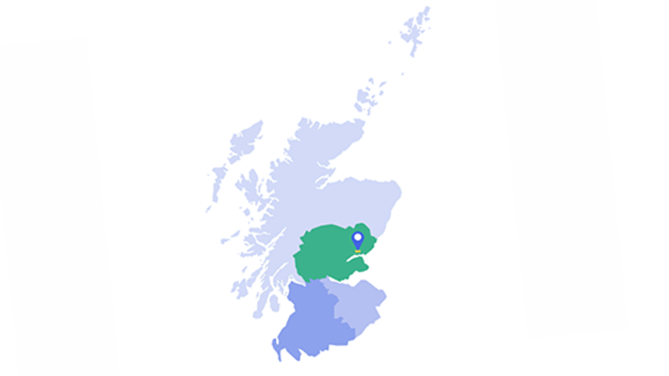 Map of Scotland highlighting HIC TRE's position as the East regional node for the Chief Scientist Office (CSO) and NHS Scotland Research and Development
