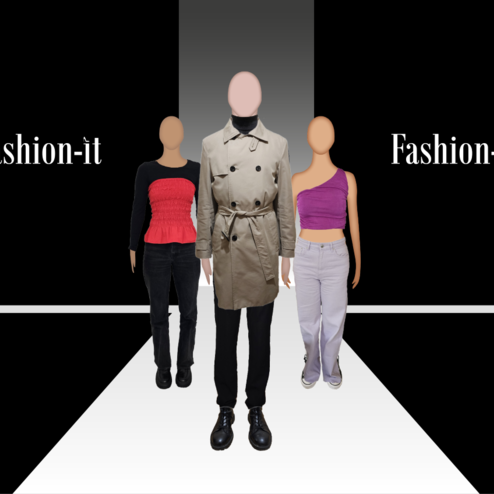 Three mannequins modelling clothes on a runway