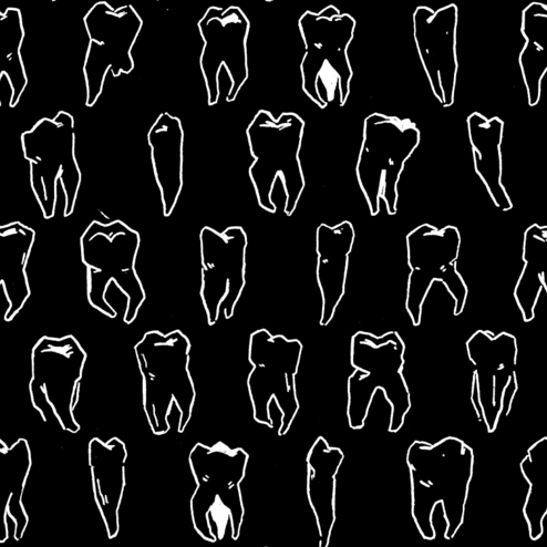 White line drawings of different kinds of teeth on a black background.
