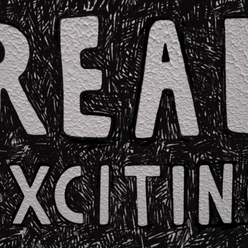 A screenshot taken from a moving image. The text reads 'REAL EXCITING' in digitally drawn capital letters. The text is drawn in digital black marker and has been sketched over footage of an Artex ceiling.