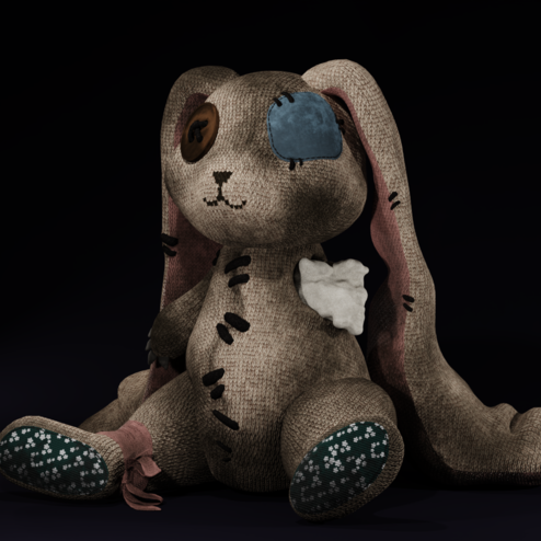 3D model of a worn down knitted teddy in the shape of a bunny. Has an eye patch, long ears down to the ground and stuffing coming out from its left arm. Tummy and ears have thick stitches holding it together. Has a pink ribbon around its right leg.