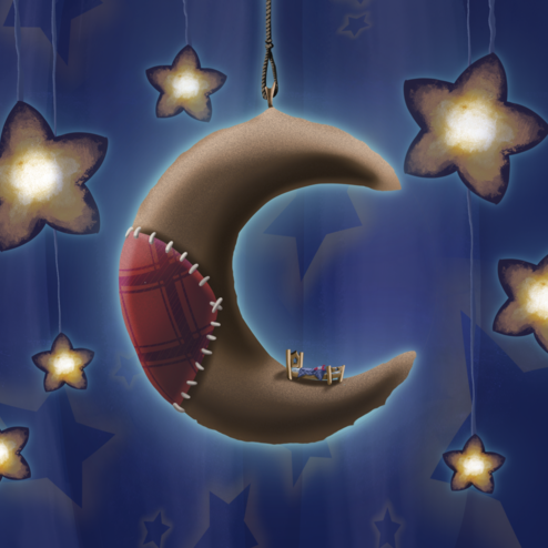 Cartoon setting of a crafted moon against a curtain sky.