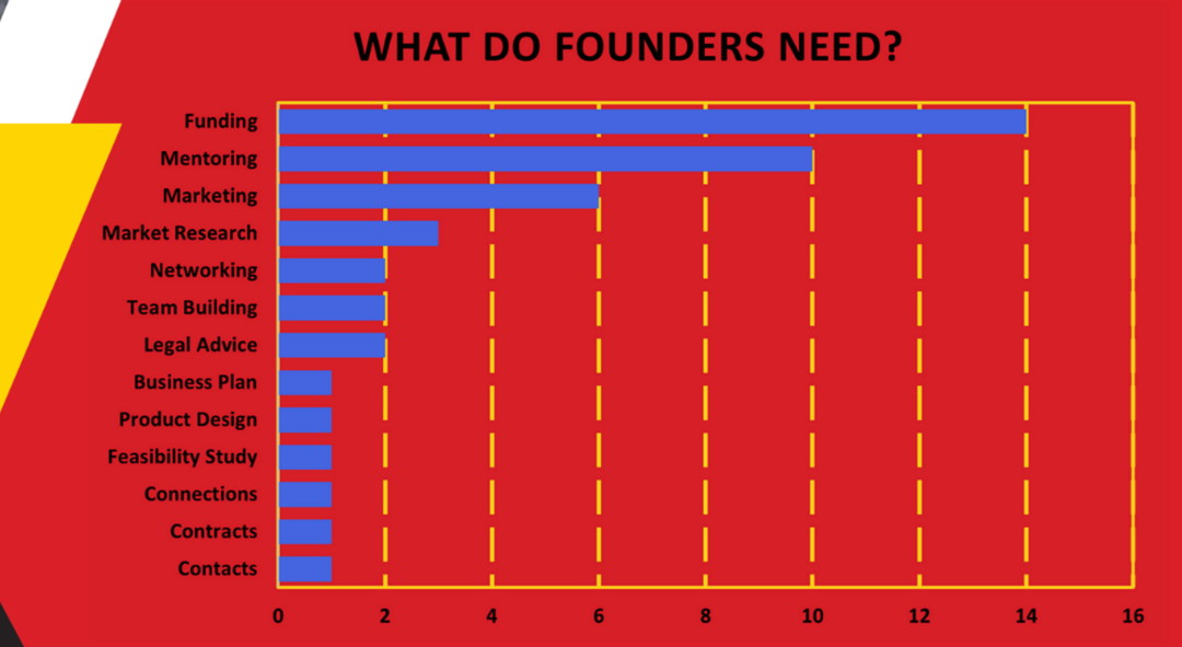A bar chart, red background with blue bars, with data on "what do founders need?"
