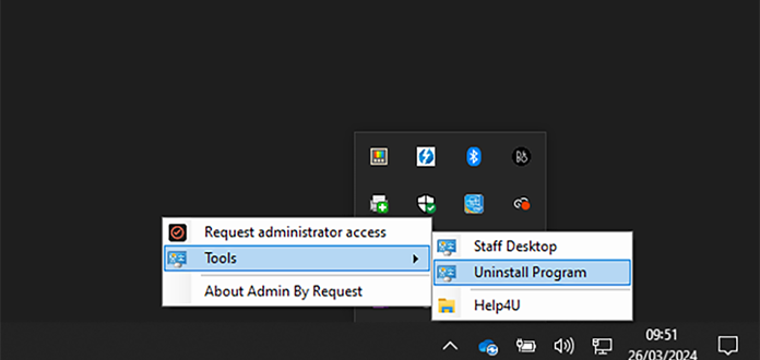 Tool menu on desktop with the Uninstall program option showing