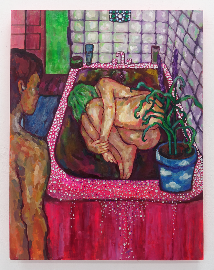 Oil painting of two figures, one of them in fetal position inside a bedazzled bathtub, the other looking towards them.