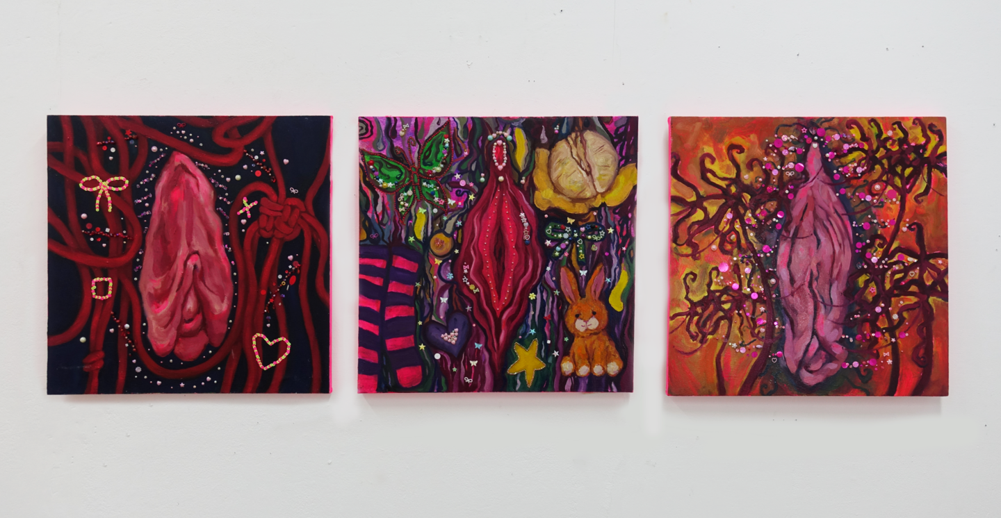 Bedazzled vaginas, oil painting triptych.