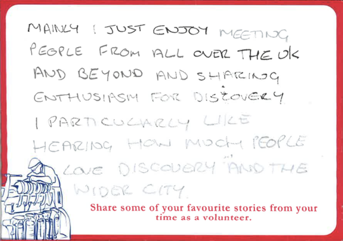A postcard with the prompt "share some of your favourite stories from your time as a volunteer" and a written response.