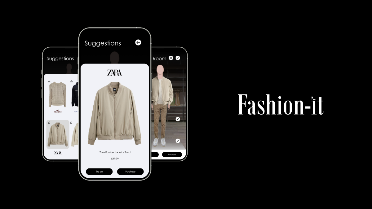 Phone screens displaying the Fashion-it app along with the Fashion-it Logo.