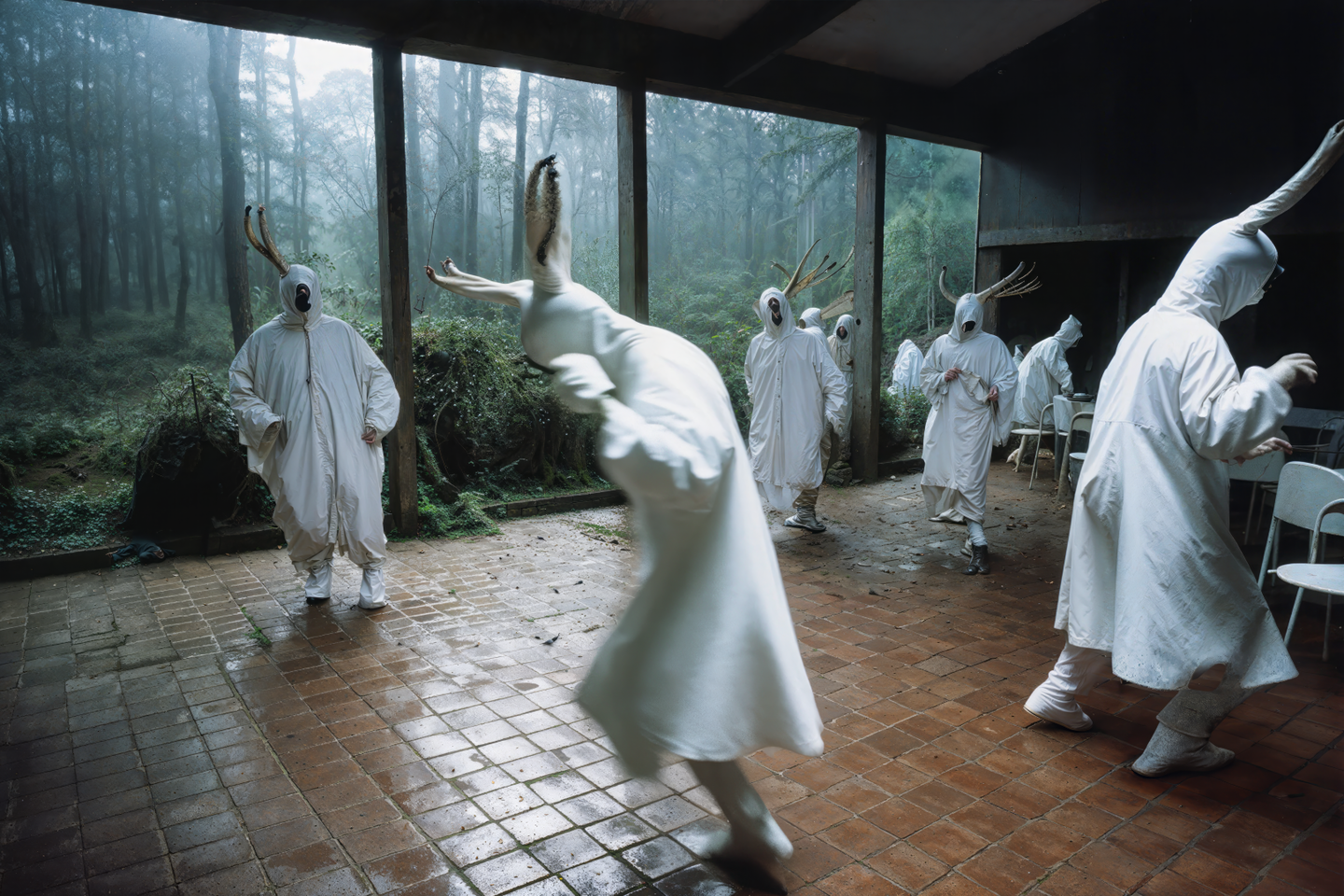 people dressed in white cloaks with rabbit ears