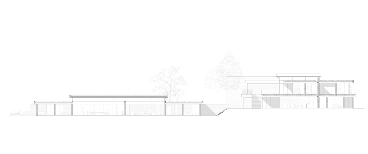 A sectional line drawing of two house units stepping down a hill. In the single-storey bottom unit, bedrooms flank a central, communal space; this middle space has a higher roof. The top unit is raised, and has two floors.