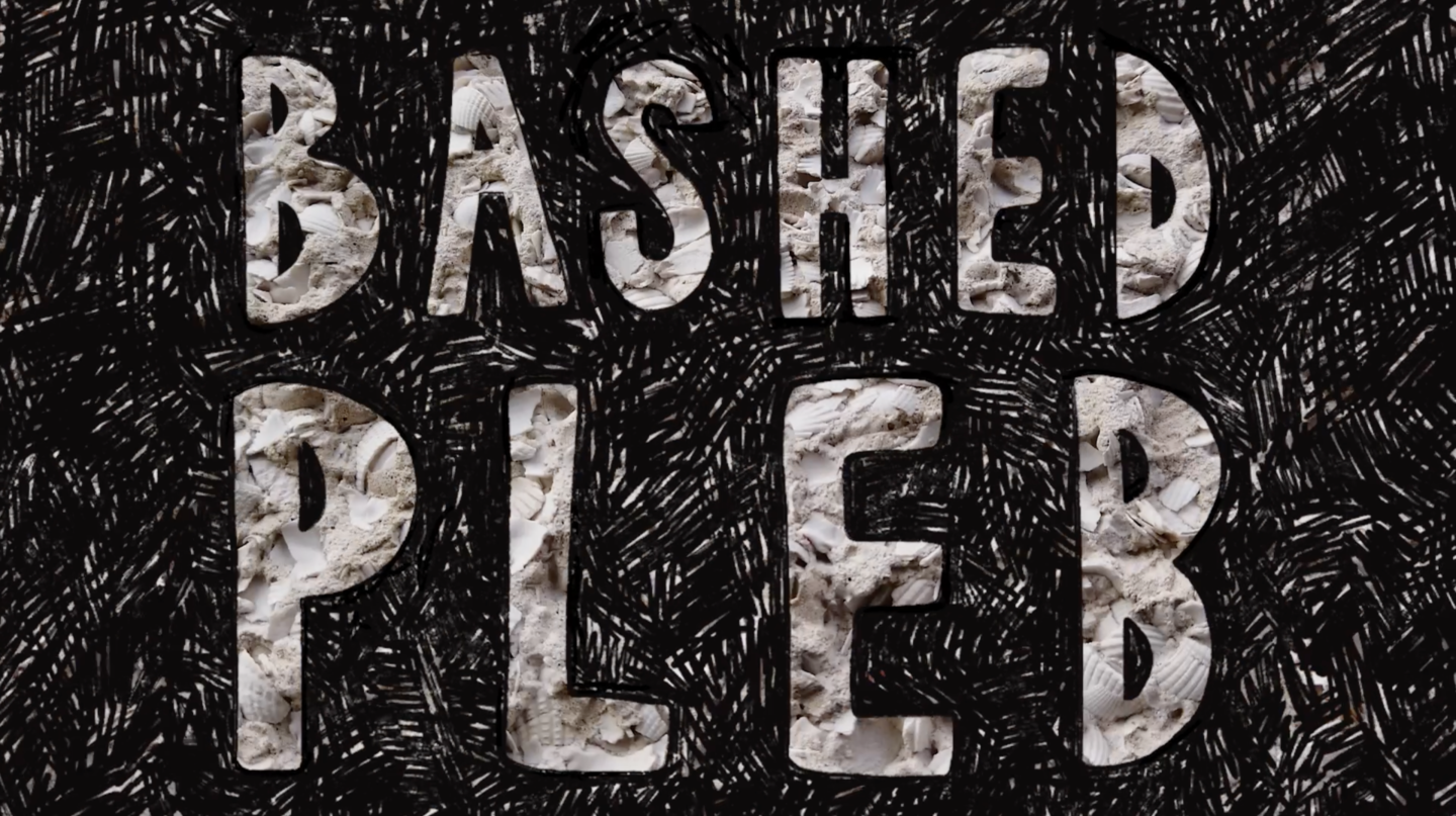 A screenshot taken from a moving image. The text reads 'BASHED PLEB' in digitally drawn capital letters. The text is drawn in digital black marker and has been sketched over footage of a Pebble Dash exterior.