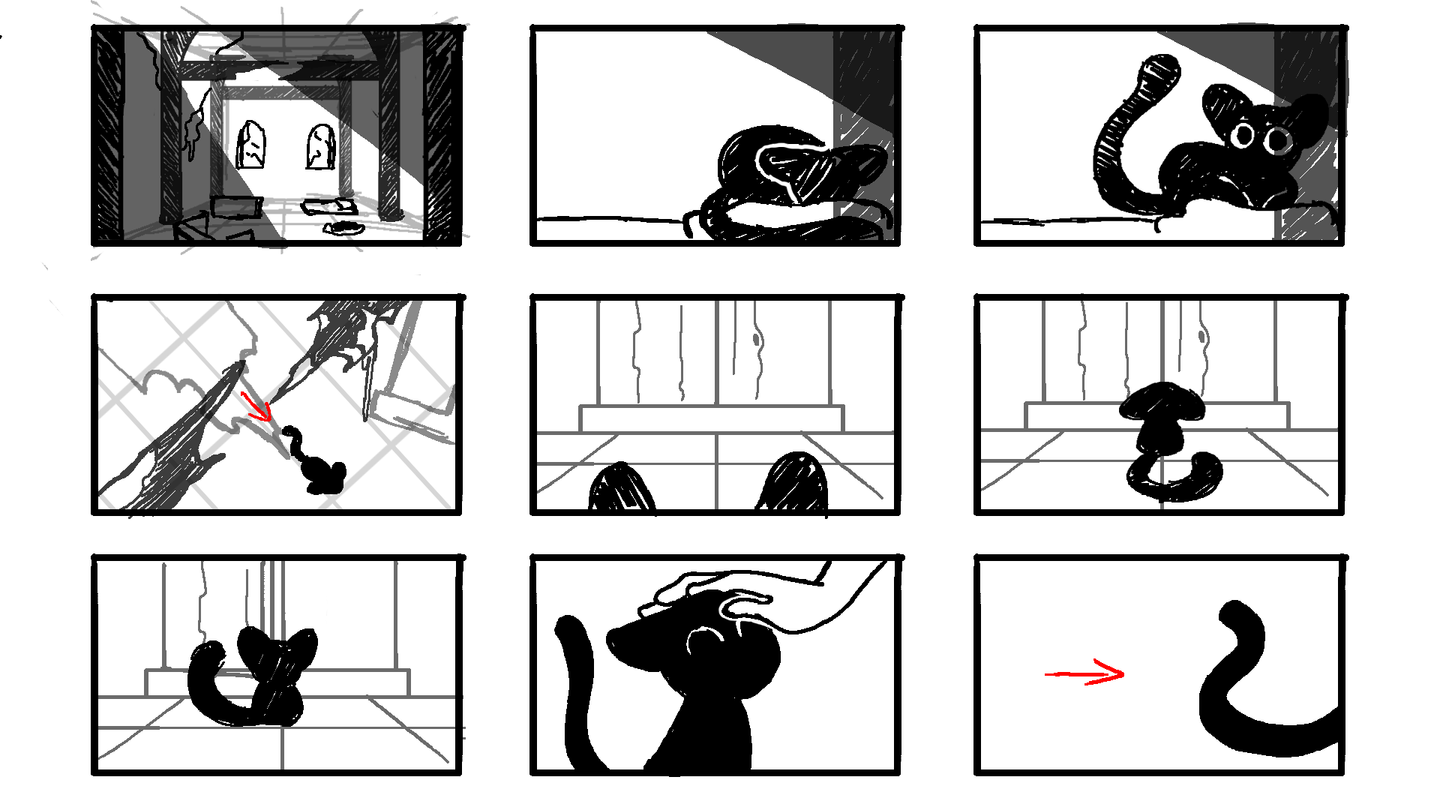 Thumbnails of the shots for the Overgrown animatic. They are monochrome with 9 panels in total. It shows the setting and the main character of the story, a little cat and the human they've befriended during the apocalypse.