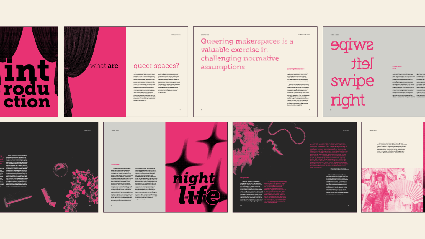 Page showing some double page spreads of the ISTD project Queer Oases.