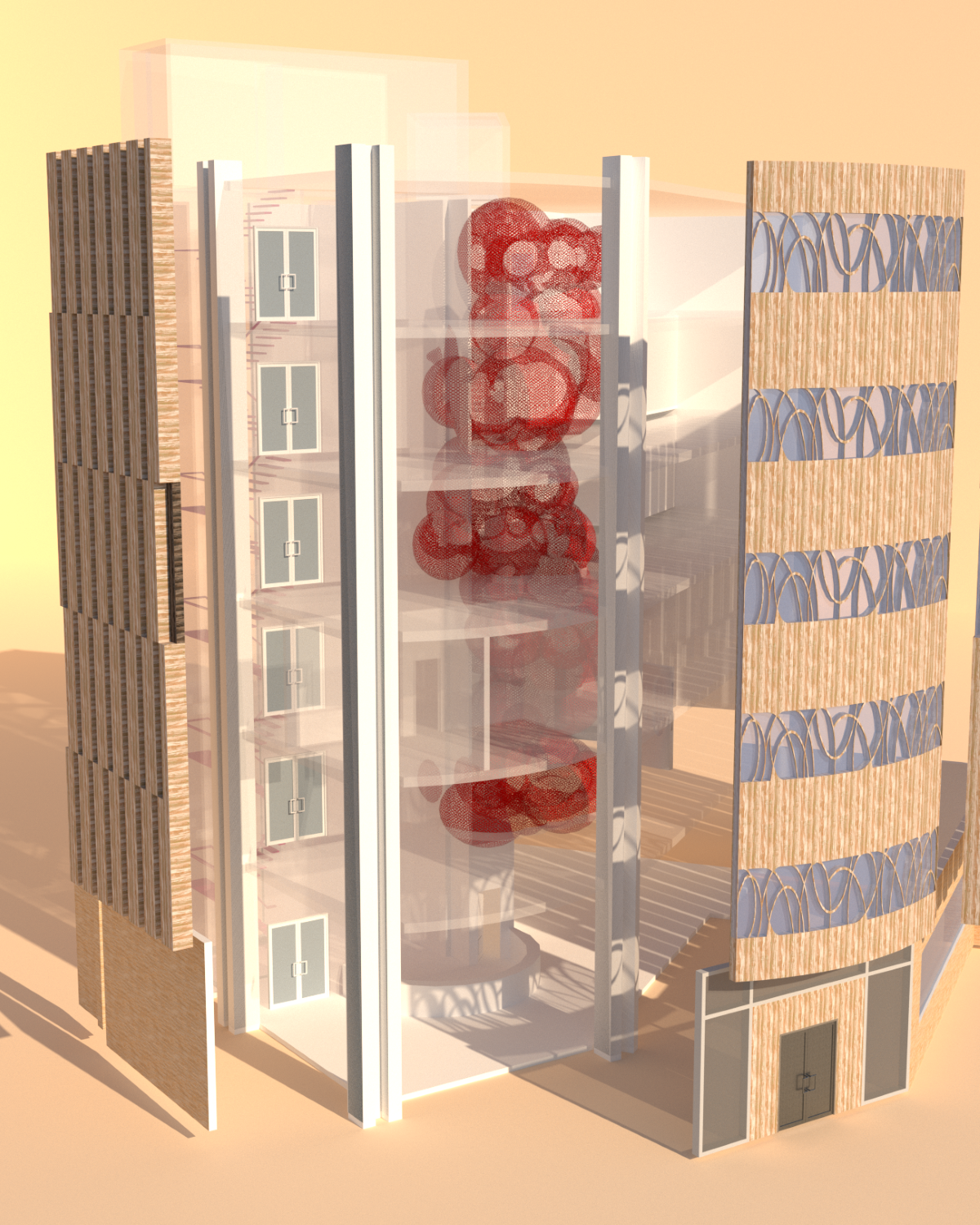 Illustration of a modern multi-storey building with faded floors allowing an unobstructed view of a mesh and net sculpture accessible on multiple floors.