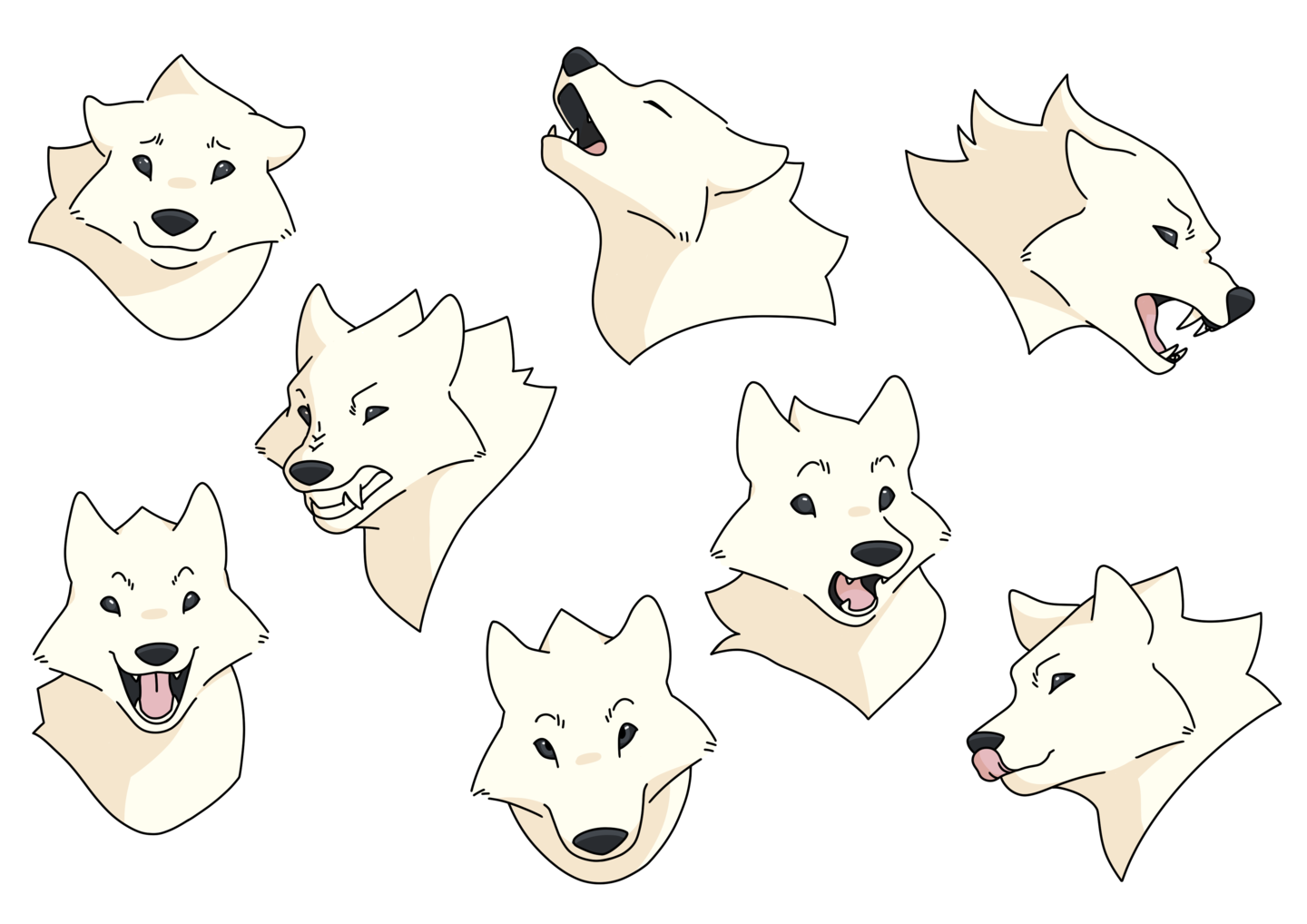 eight drawings of a wolf's face showing different emotions, happy, angry, shocked, baring it's fangs etcetera