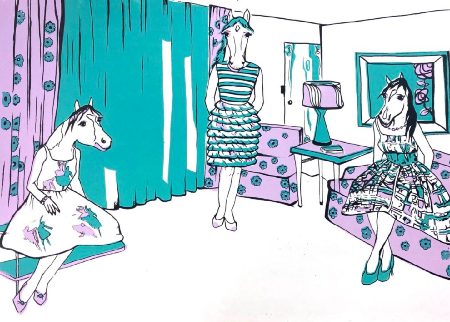 A trio of Desperate Horsewives having a dinner party. Screen print,  lilac and cyan black outline.