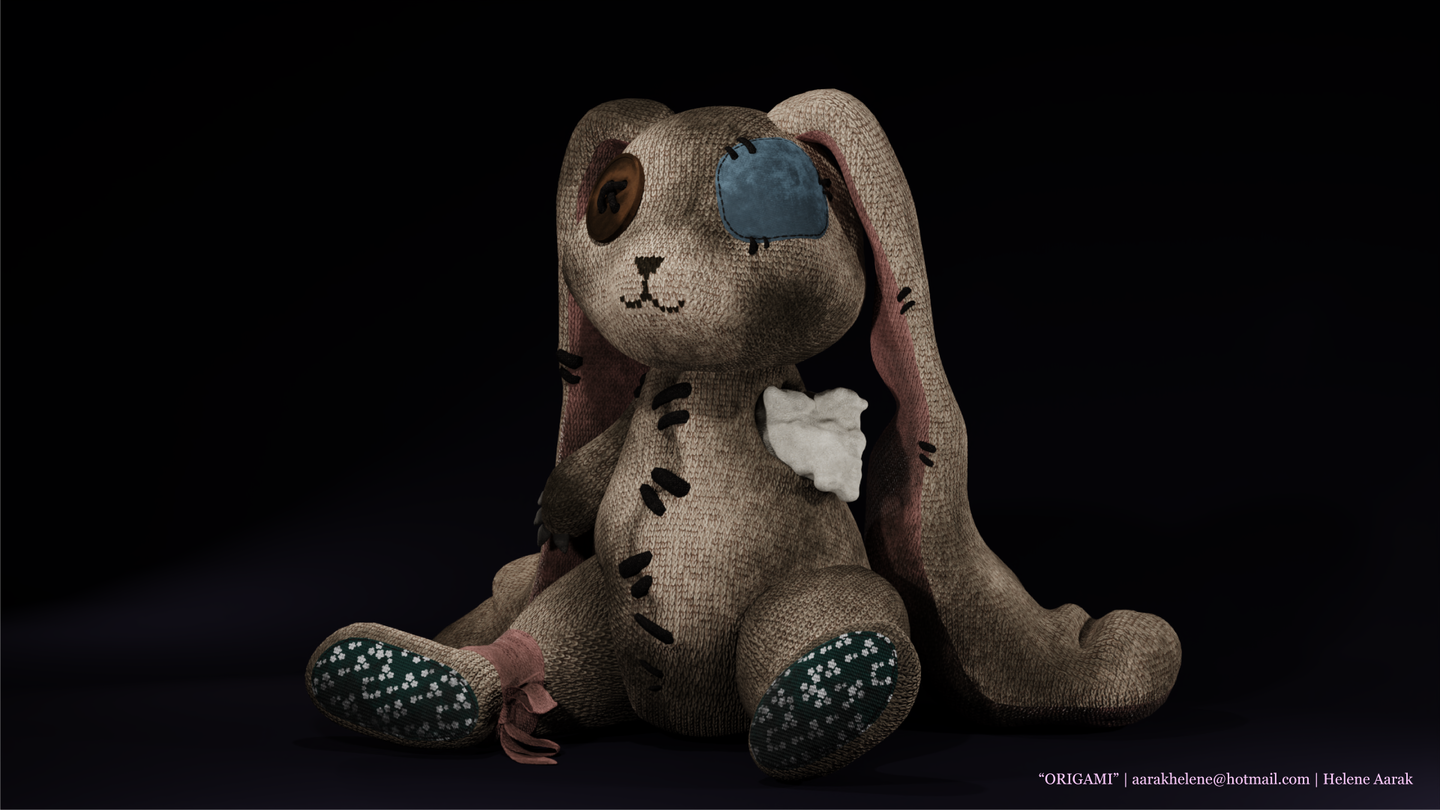3D model of a worn down knitted teddy in the shape of a bunny. Has an eye patch, long ears down to the ground and stuffing coming out from its left arm. Tummy and ears have thick stitches holding it together. Has a pink ribbon around its right leg.