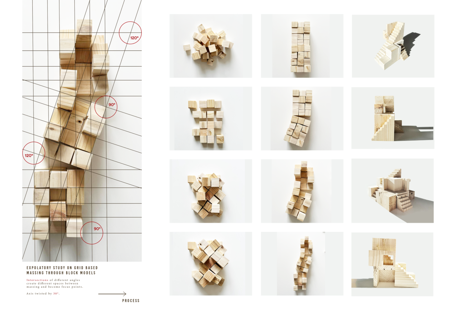 Wooden block models stacked to explore form iterations
