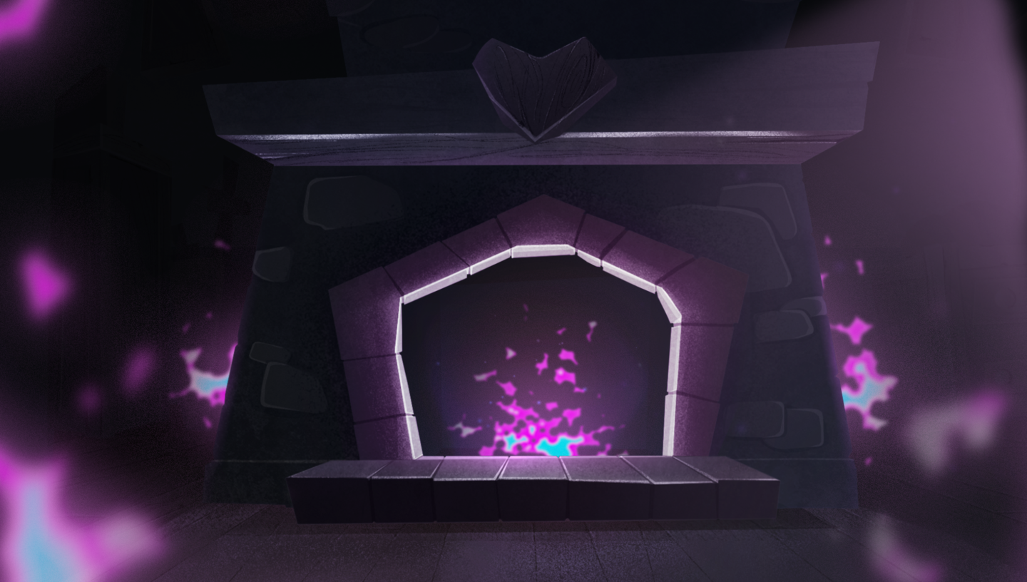 A scene of a spooky, purple-hued room, the camera pointed towards a fireplace with magical pink flame. The room seems to be alight with this magical glow.