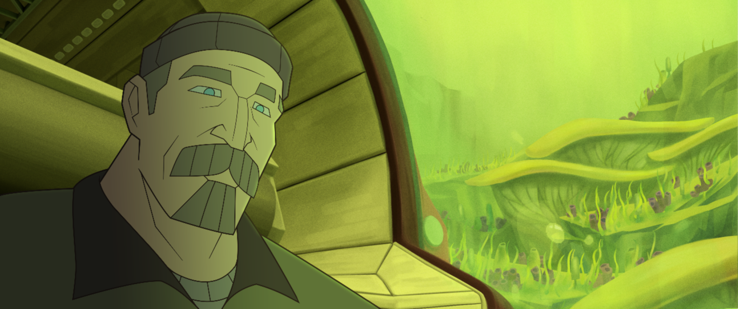 A green-toned shot of an older gentleman inside a submarine, frowning at something out of shot.