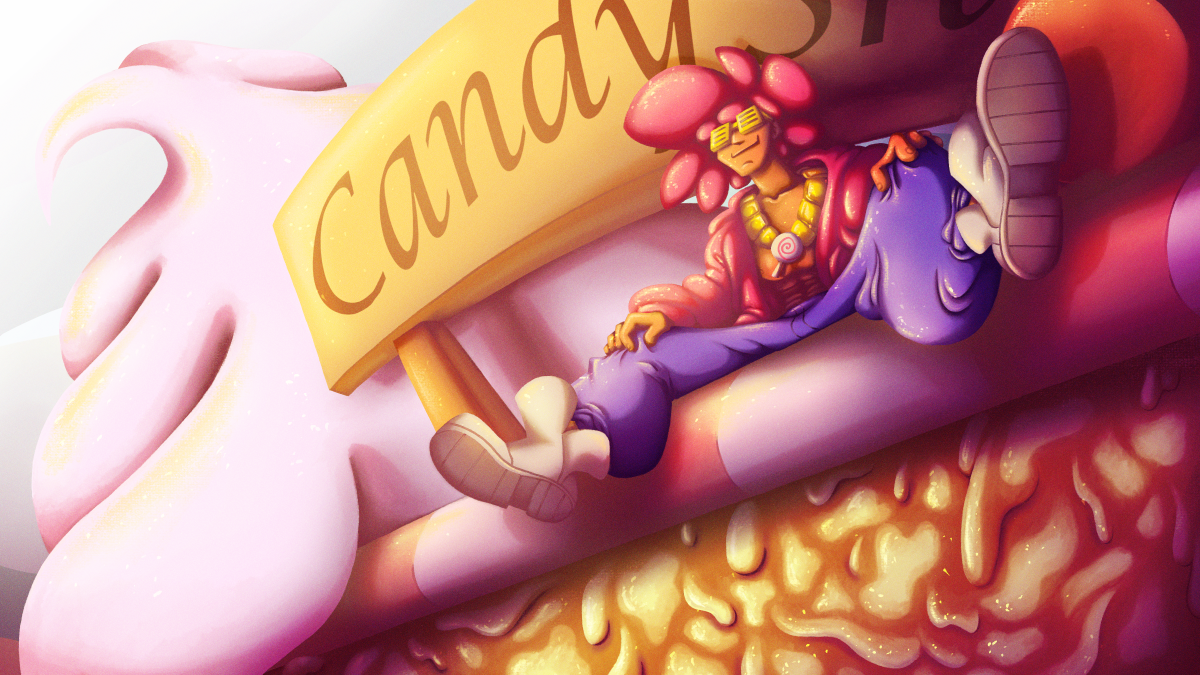A painterly concept of a rapper sitting on top of a candy store for the music video segment of TV Dinner.