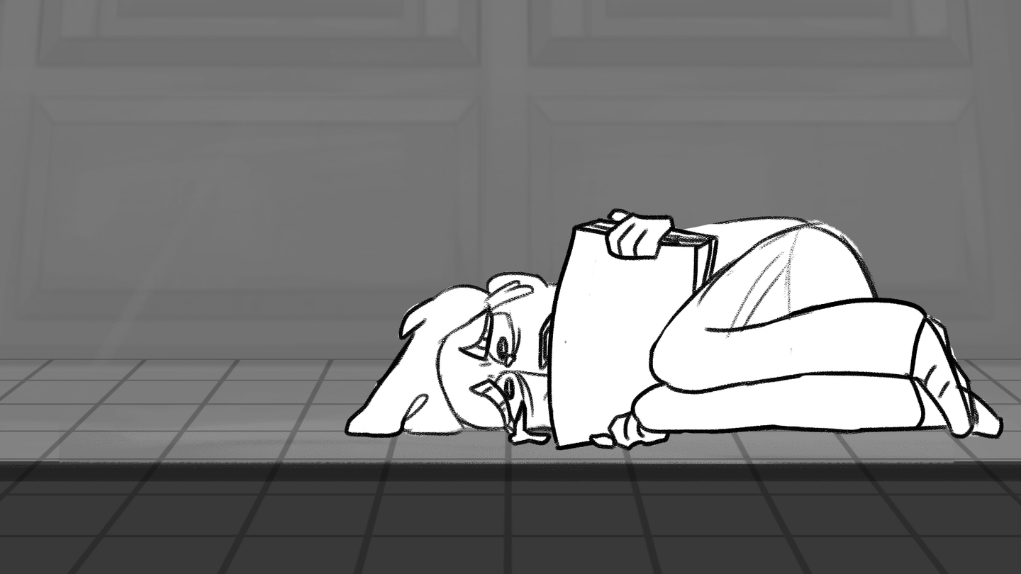 Storyboard frame from short film: B3. A low shot looking inside of an open elevator, shows a distressed protagonist, Joe, curled up on the floor, hugging his suitcase and a tear falling to the ground.