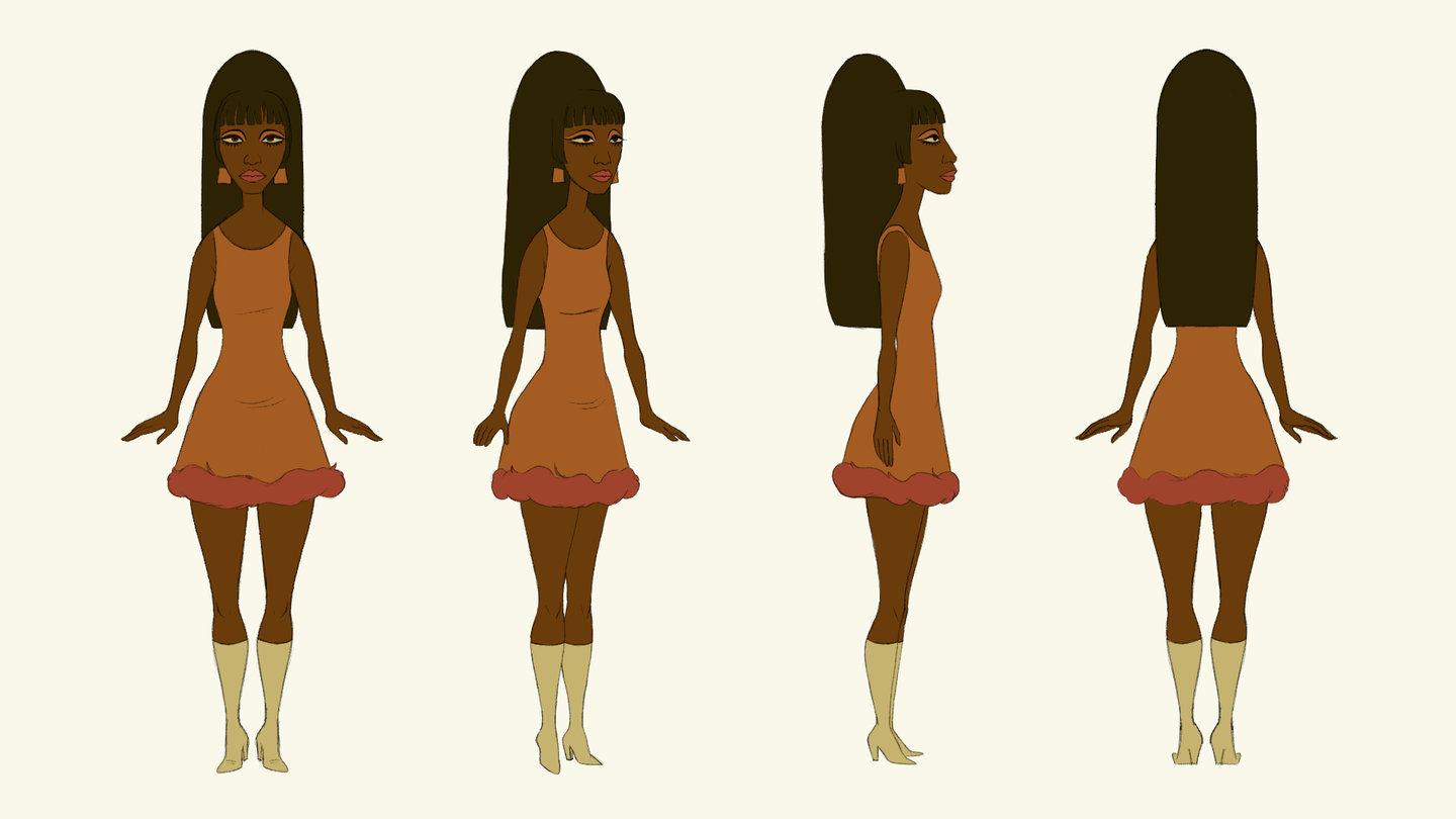 Image of female character shown from front view, 3/4 view, side view and back view.