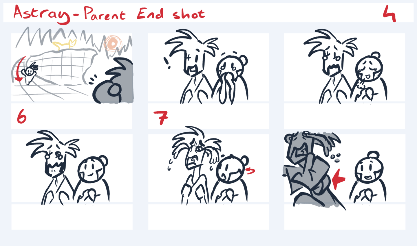 Storyboard of the worried dads of the missing boy find their son and are overwhelmed with emotion and running to him.