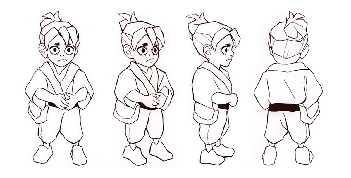 A child character is shown standing at four poses showcasing different angles. His hands are clenched together.
