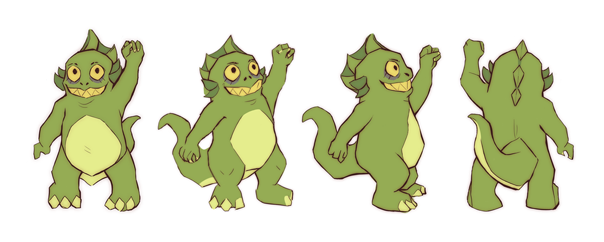 A green character is stood in four poses, side-by-side, showcasing how he looks at different angles