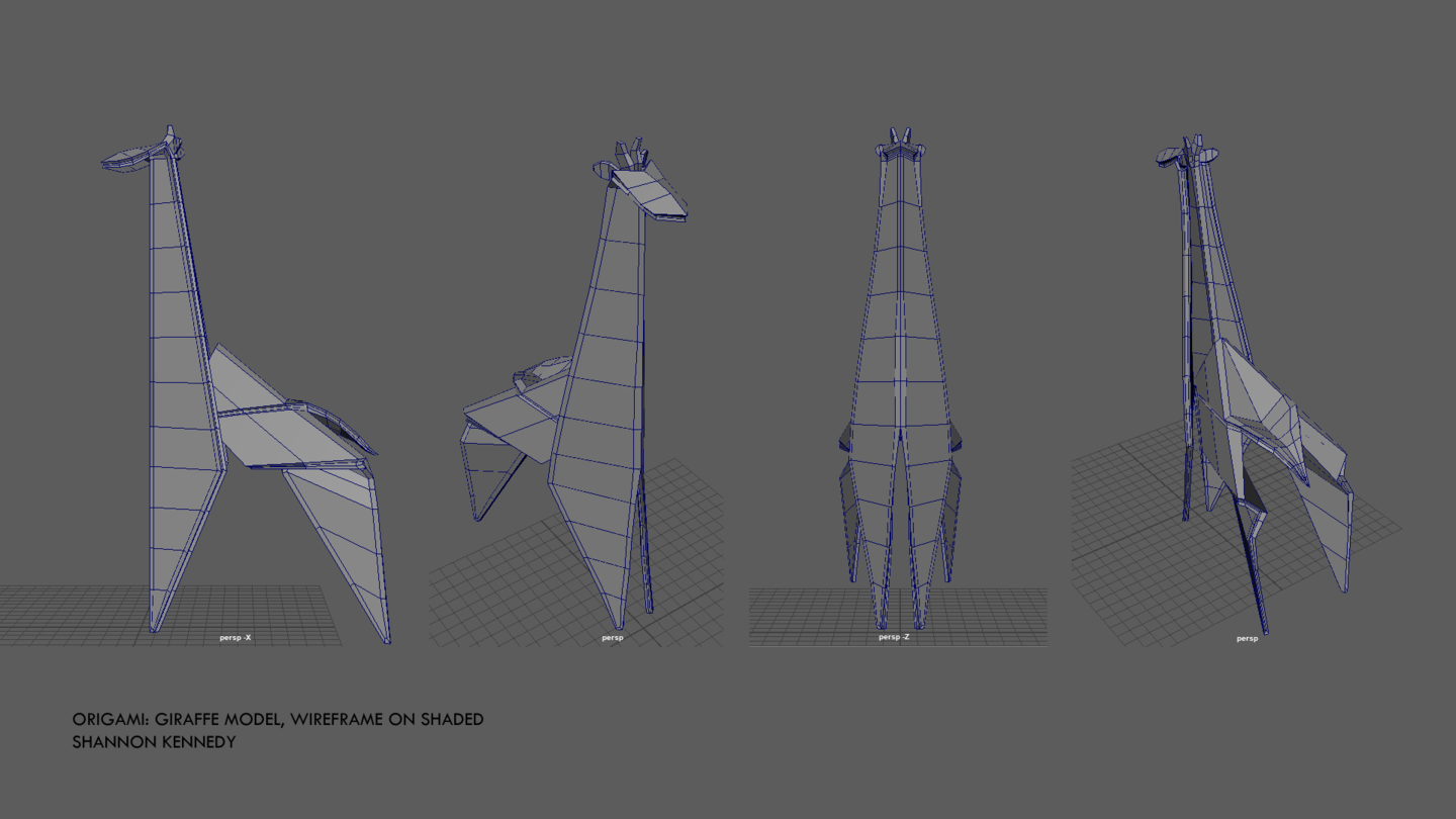 A turnaround of a 3D model of an origami giraffe