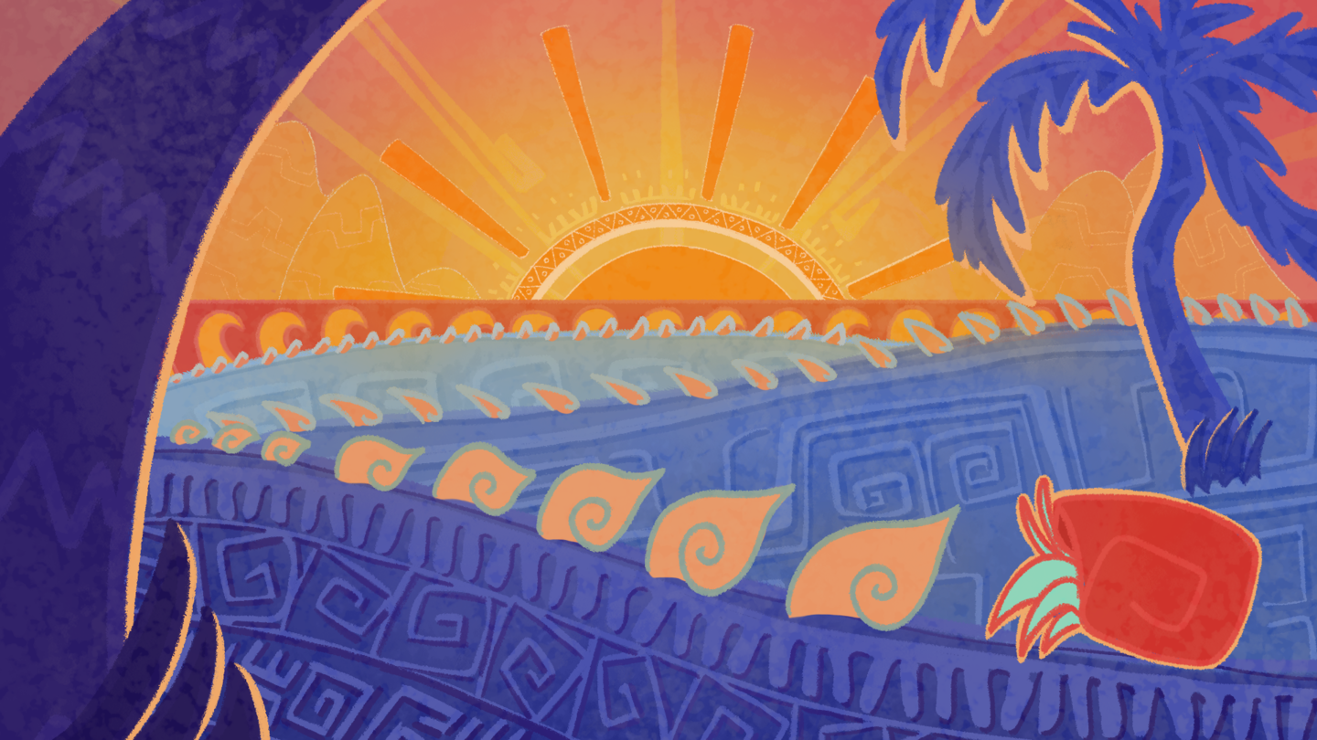 A digitally painted aztec-inspired piece depicting a long line of crabs in front of a sunset at sea.