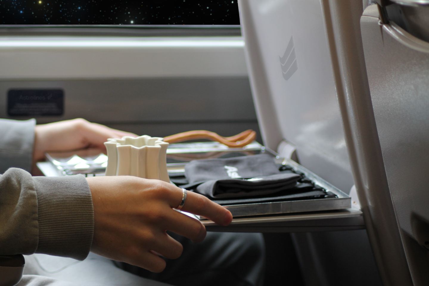 Person sitting down on a space-ship. Astro-Tray in front of them on tray table.